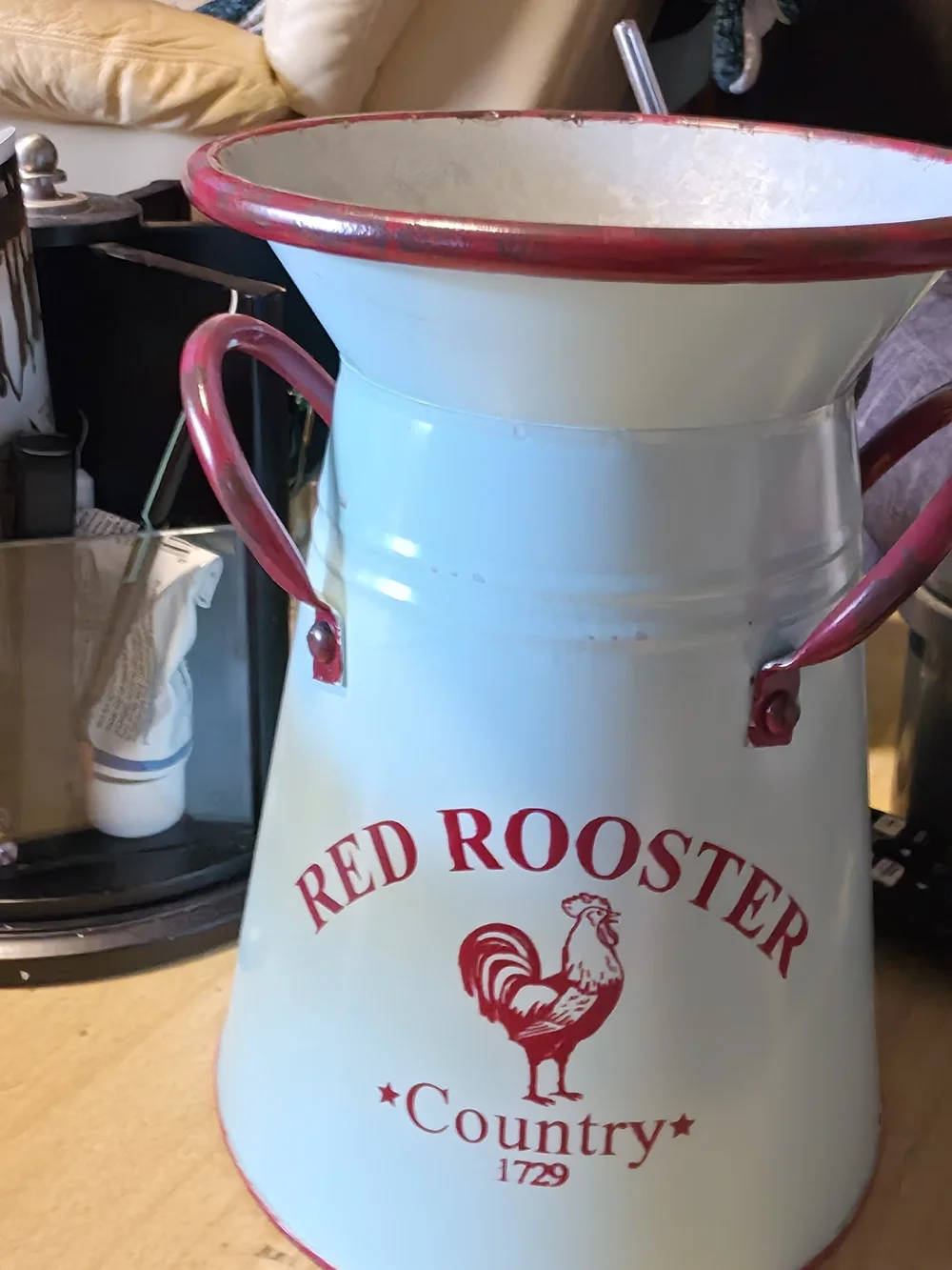 Red Rooster Country DecorativeTin Pitcher - Red & Baby Blue